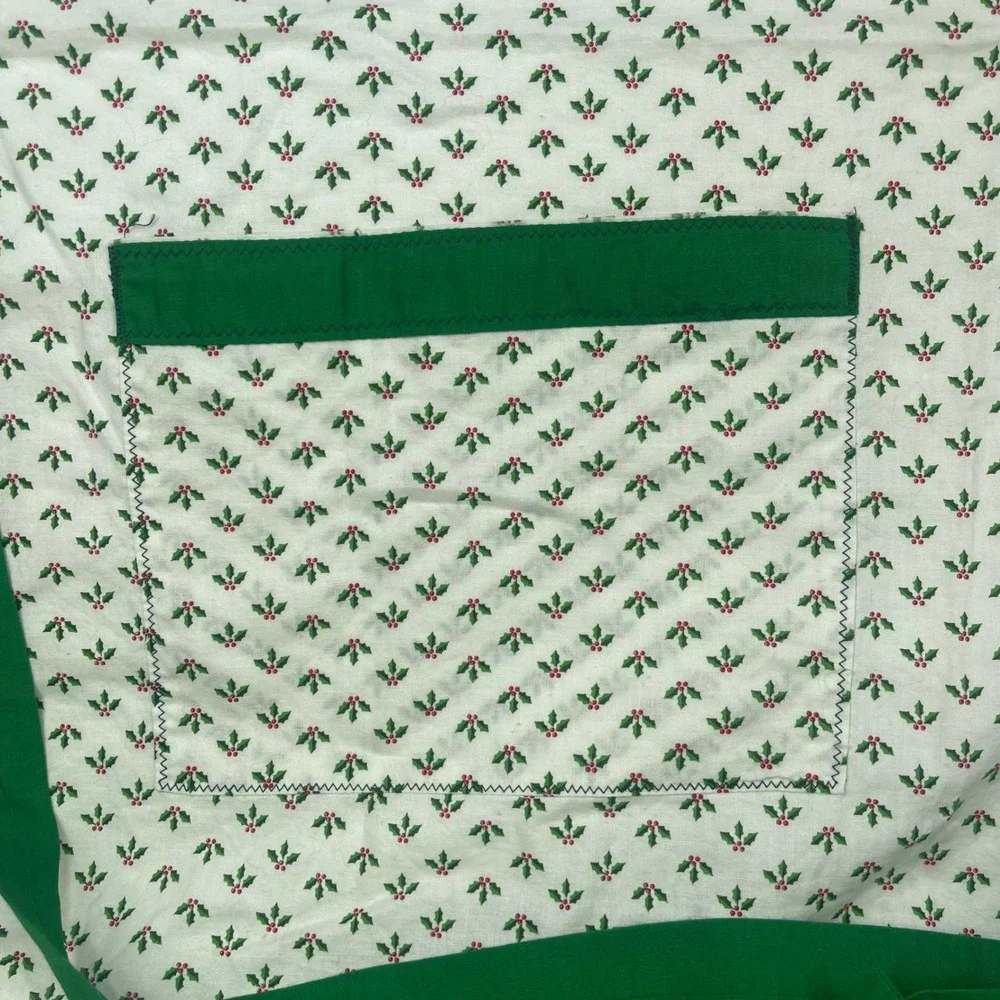 Vintage Handmade Christmas Holly Berry Bib Apron Green Ties Pocket White Cotton